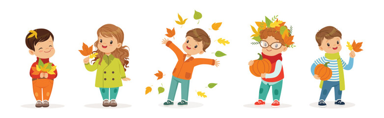 Autumn Children Enjoy Outdoor Seasonal Activity Vector Set