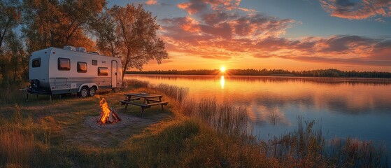 Camping at Sunset: A tranquil campsite at the water's edge, as the sun dips below the horizon, casting a warm glow over a cozy RV and a crackling campfire, promising relaxation and adventure.