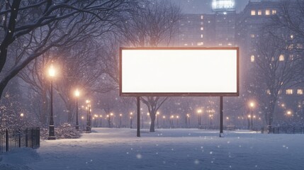 Poster - A serene winter night showcases a large blank billboard standing in a snowy park, surrounded by trees. Street lamps cast a warm glow, creating a peaceful atmosphere amidst the falling snow.