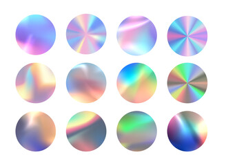 Illustration of a set of holographic neon blank stickers on an isolated white background.