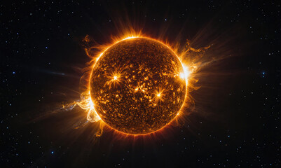 Wall Mural - A close-up view of the Sun, showing its fiery surface and bright flares
