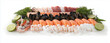 © oceanrider - Banner of Fresh Fish and Seafood on Ice with Salmon, Red Caviar, Cod, Mussels, Oysters, Clams, and Shrimp on White Background with Copy Space