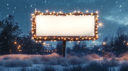 Poster - A tranquil winter evening setting featuring a blank billboard surrounded by snow-covered grass. The billboard is illuminated with festive lights, creating a cozy atmosphere under the falling snow.