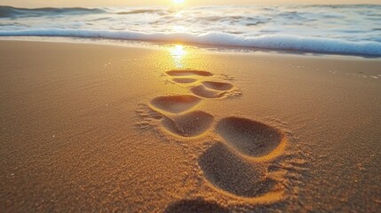 Wall Mural - Footprints in the sand at sunset along a tranquil beach shoreline