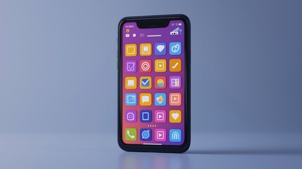 Colorful Mobile App Interface on Smartphone with Multiple Icons for a Low-Code AI Platform, Highlighting User-Friendly Design and Accessibility for Efficient Content Creation