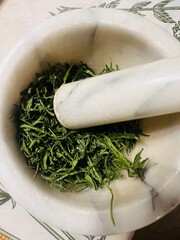 mortar with herbs