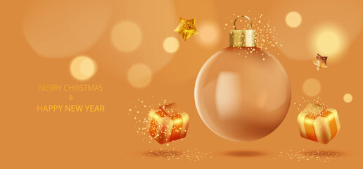 Wall Mural - Merry Christmas and Happy New Year card with transparent glass ball and gift box. Glass holiday bauble design with confetti on orange background. Winter concept with led light vector.