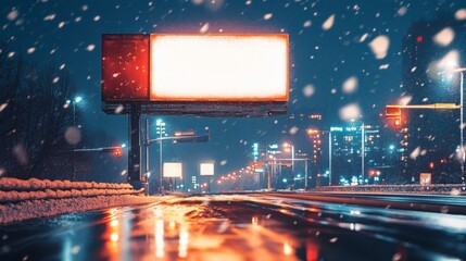 Poster - Snowflakes gently fall on an empty road illuminated by city lights. A bright, unlit billboard stands prominently, surrounded by urban elements under the nighttime sky.