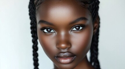 Close-up portrait of a young Black woman with braided hair looking directly at the camera.