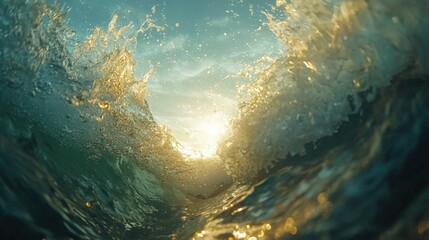 Wall Mural - Golden sunlight filters through ocean waves at sunrise near a serene coastline