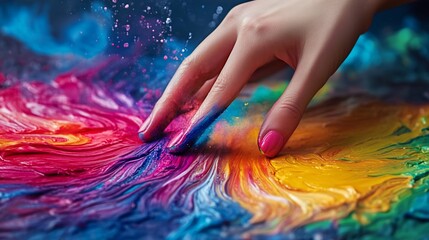 Canvas Print - A woman's hand reaches into a swirl of vibrant paint, creating a colorful and artistic scene.