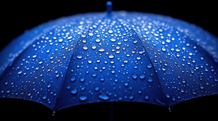 Poster - Blue umbrella covered in raindrops on a black background.