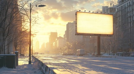 Poster - A deserted street covered in snow stretches toward the horizon, where a large, empty billboard catches the warm light of the sunset.