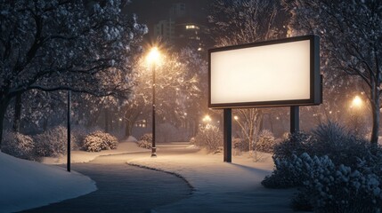 Poster - A tranquil park path blanketed in fresh snow is softly lit by glowing streetlights at night. A large, empty advertising billboard stands prominently, creating an eerie yet peaceful atmosphere.