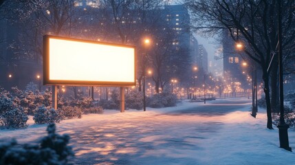 Poster - A serene city park bathed in twilight features softly glowing streetlights illuminating a fresh layer of snow.