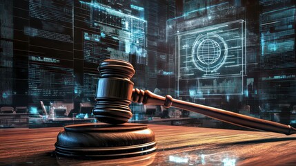 A wooden gavel rests on a table with a digital background of code and data. The digital background suggests the legal implications of technology and digital information.
