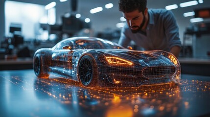 a professional standing beside a holographic car on the table,