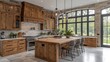 © mochalfin - Modern farmhouse kitchen with wood cabinets, large island, and windows overlooking a garden.