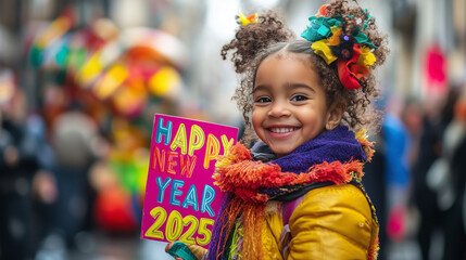 A cheerful child holding a HAPPY NEW YEAR 2025 sign parade  surrounded by colorful floats and festive crowd