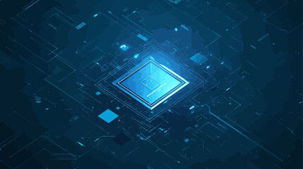 Blue computer chip with a blue light on it. The chip is surrounded by a blue background flat vector illustration