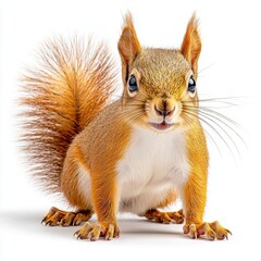 A photostock of a curious squirrel with a bushy tail, perfect for wildlife or nature themes, isolated on white background, High Quality