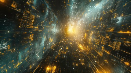 Wall Mural - abstract digital tunnel with glowing lines and particles.