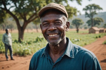 Close portrait of a smiling senior Malawian male farmer standing and looking at the camera, outdoors Malawian rural blurred background