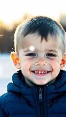 Sticker - A joyful young boy smiling with excitement, his expression full of innocence and happiness, creating a heartwarming scene ideal for family and childhood themes.