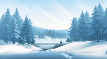 Wall Mural - Winter landscape with snow-covered fir trees on the river bank and forest in the distance in 3D graphics style