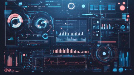 An illustration of various tech processes, including data analysis and machine learning, displayed on a digital dashboard
