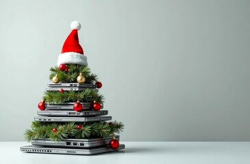 Christmas tree crafted from stacked laptops with a Santa hat on top, set against a light background with copy space, perfect for tech holiday themes.