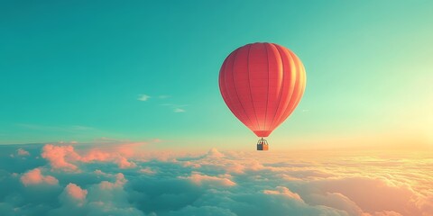  A Vibrant Red Hot Air Balloon Floats Gracefully Above Fluffy Clouds During a Breathtaking Sunrise in the Early Morning Sky