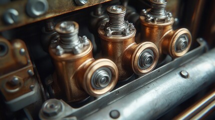 Wall Mural - Closeup of an intricate, brass and steel machine with three cylindrical components.