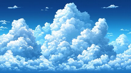 Wall Mural - A vibrant depiction of fluffy clouds against a bright blue sky, evoking a sense of tranquility.