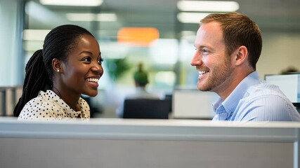 Young Black woman leaning over a cubicle wall, chatting with a smiling white male colleague in an open office. Clean, professional background with copy space.