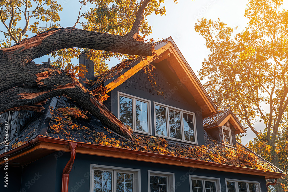 Fallen tree branch on a house roof after a storm, causing damage and ...