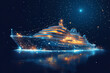© Martinesku - Futuristic blue cruise liner in ocean with neon lights and dots. Concept of luxury boat vacation. Modern big ship for travel brochure, sailing design or digital template for voyage website.
