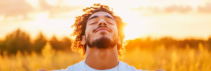 Wall Mural - Man with curly hair and beard enjoys the sunset.