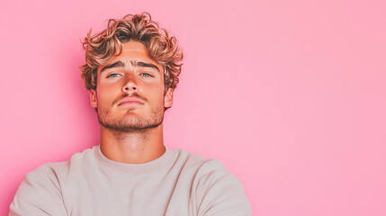 Wall Mural - Young man with curly blond hair looking at the camera against a pink background.