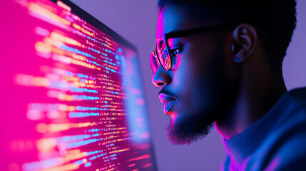 A young man intensely focuses on a computer screen filled with code, illuminated by vibrant pink and blue lights.
