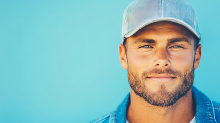 Wall Mural - Young man with a beard smiles and looks at the camera.