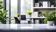 © fotoluigi868 - A minimalist white stone surface dominates a blurred office scene featuring lush greene_1(428)