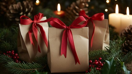 Rustic advent calendar with brown paper bags tied with red ribbons, against a background with pine branches, holly, and candles