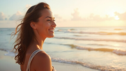 Wall Mural - happy woman at the beach with copy space