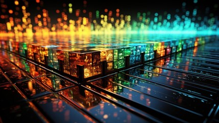 futuristic abstract technology concept. vibrant light cubes on reflective surface