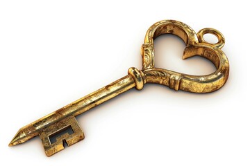 Gold Heart Background. Three-Dimensional Rendering of Antique Key for Access Concept