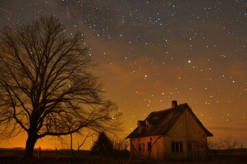 Wall Mural - House Stars. Abandoned Pub with Stunning Sunset Sky and Bright Orange Glow