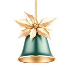 Wall Mural - Green bell ornament, embellished with shiny gold leaves and a ribbon isolated on white background, captures the festive spirit of the holiday season