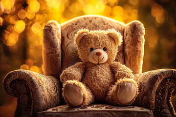 Teddy bear is sitting on a chair. The chair is brown and has a floral pattern. The bear is smiling and he is happy