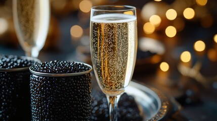 Glass of champagne and caviar on a silver tray.